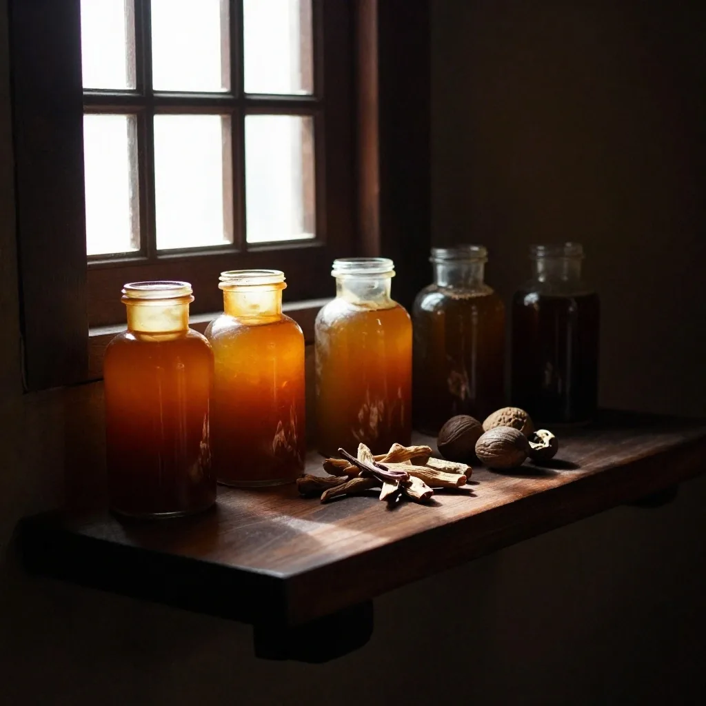 Amber supplement bottles on a dark wooden shelf lit by a warm beam