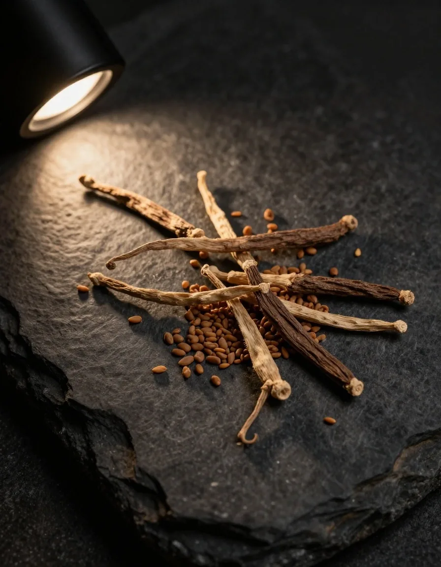 Macro shot of dried botanical roots and seeds on a dark surface