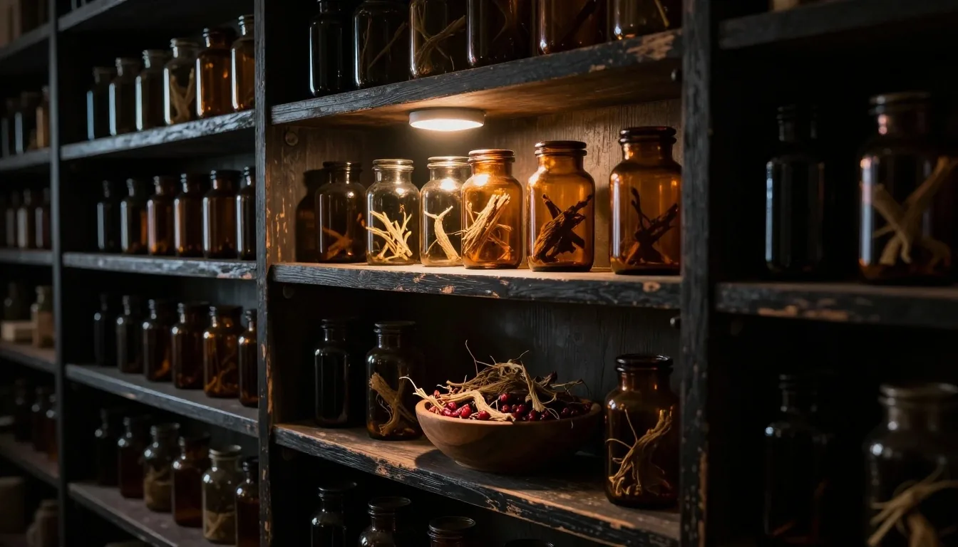 Dark apothecary shelves with supplement jars lit from above