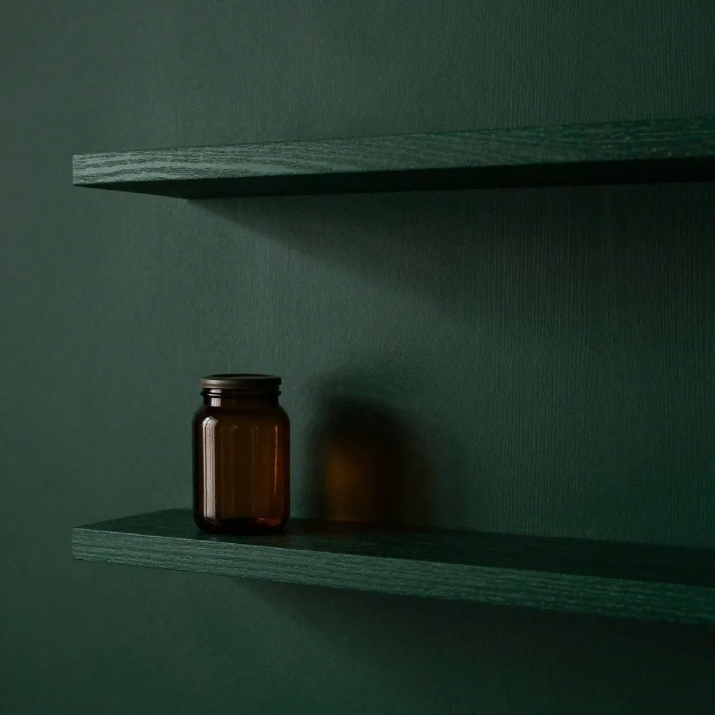 Amber supplement jar on a lit shelf