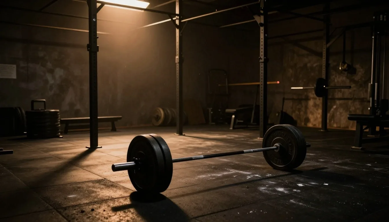 Dark gym interior lit by warm amber light