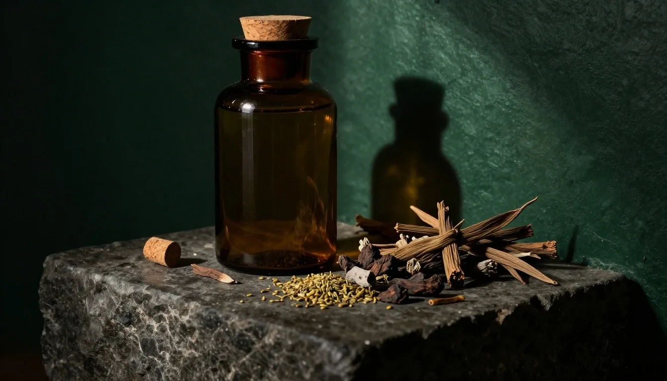 Dark apothecary shelf with amber glass supplement jars lit by a warm beam