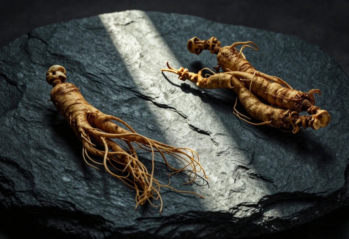 Dried ginseng and maca root on a dark surface