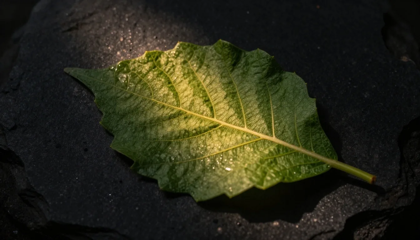 Macro detail of a leaf vein lit like a museum specimen