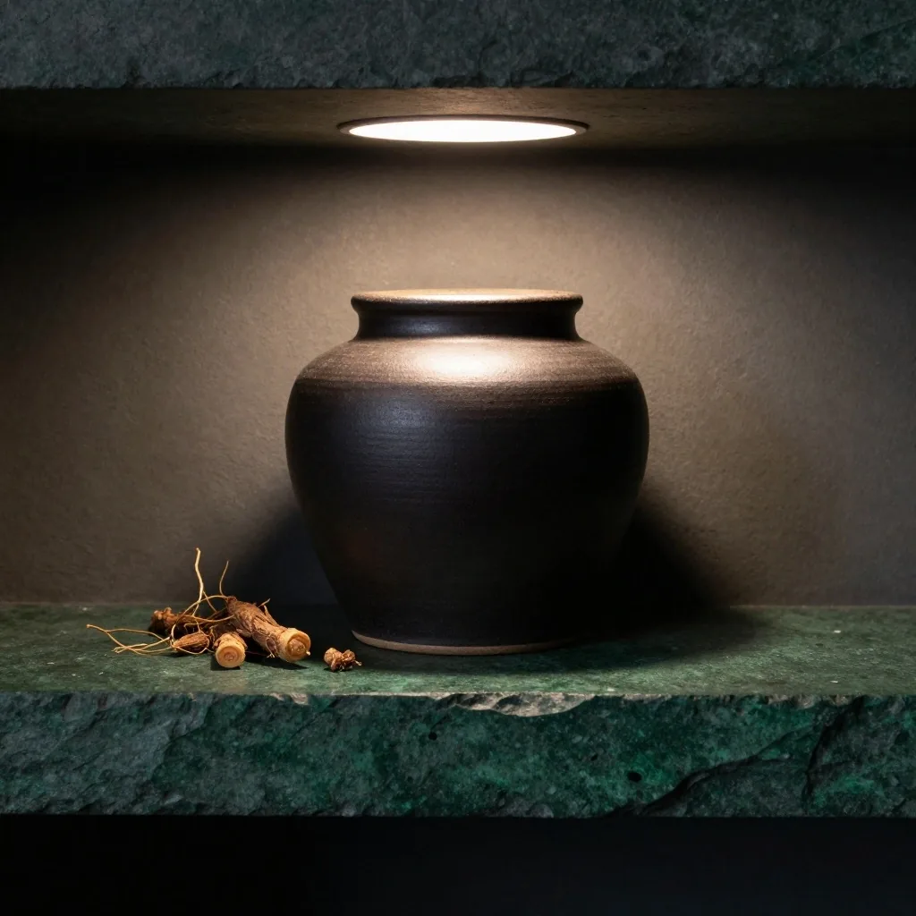 Matte supplement jar on a lit shelf