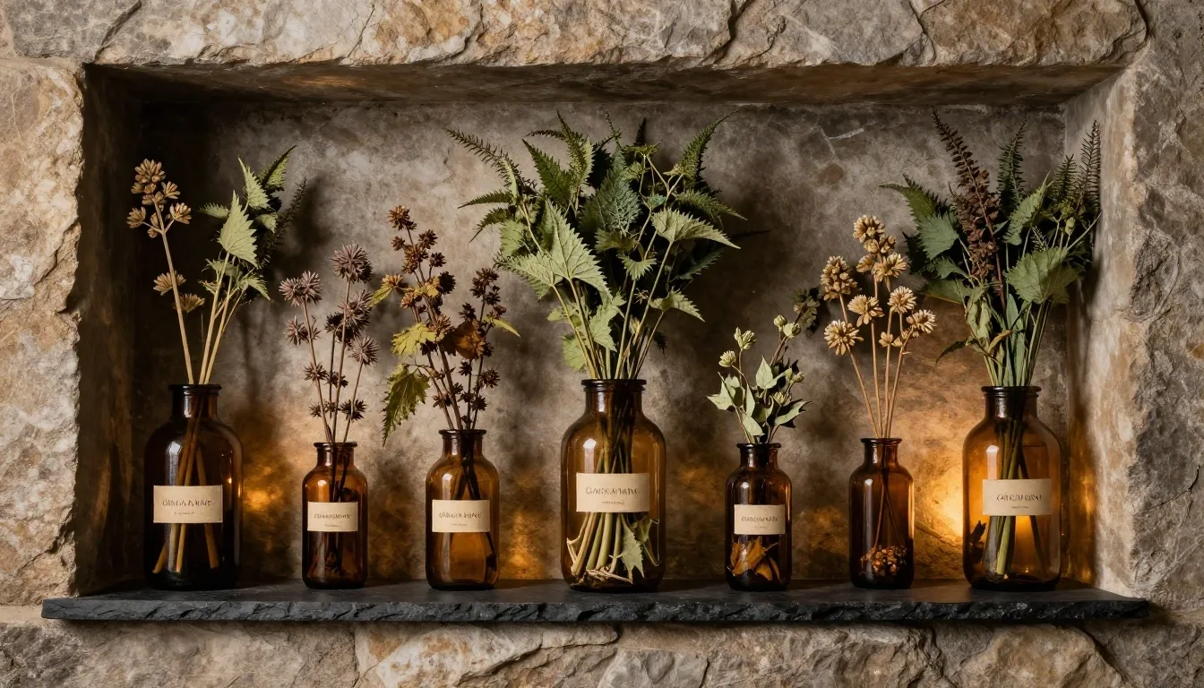 Dark botanical apothecary shelf with a single lit amber jar