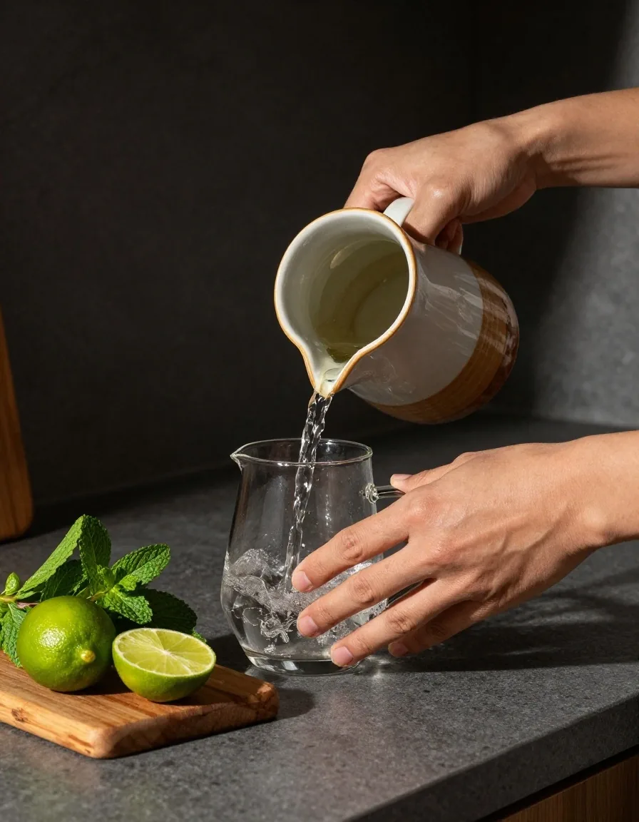 Glass of water with mint and lime on a dark surface