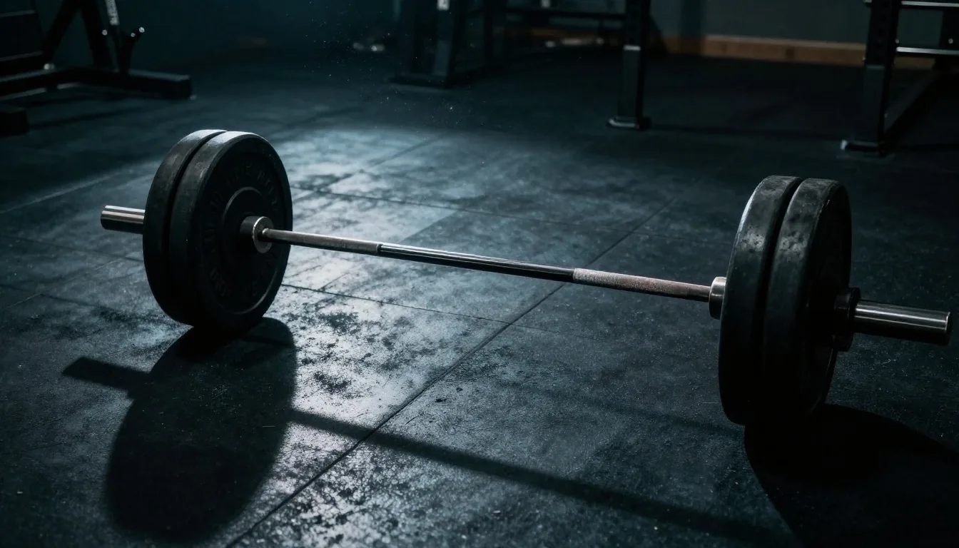 Hands gripping a barbell on a dark gym floor under warm light