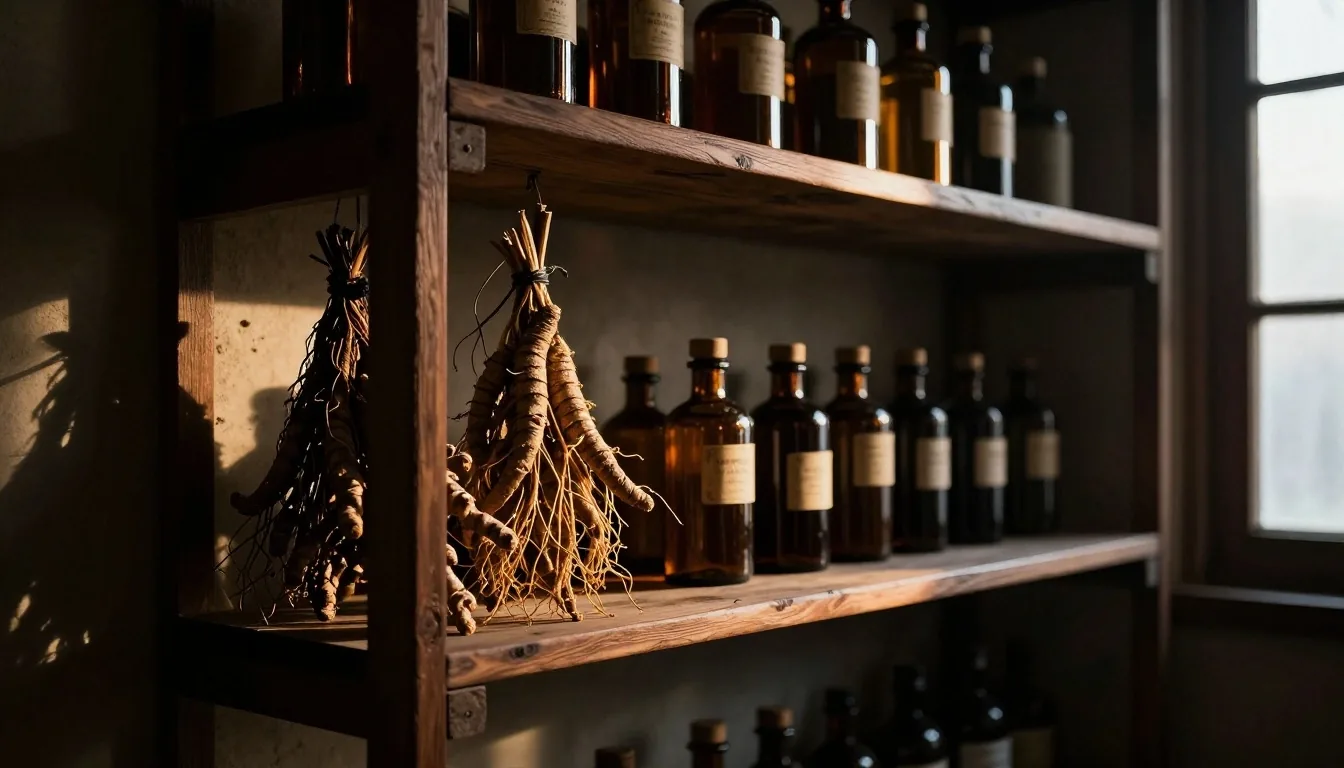 Dark wooden apothecary shelf with botanical ingredients and amber supplement jars