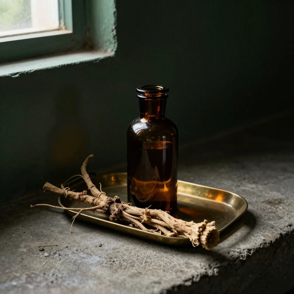 Amber bottle of tongkat ali capsules on a dark shelf