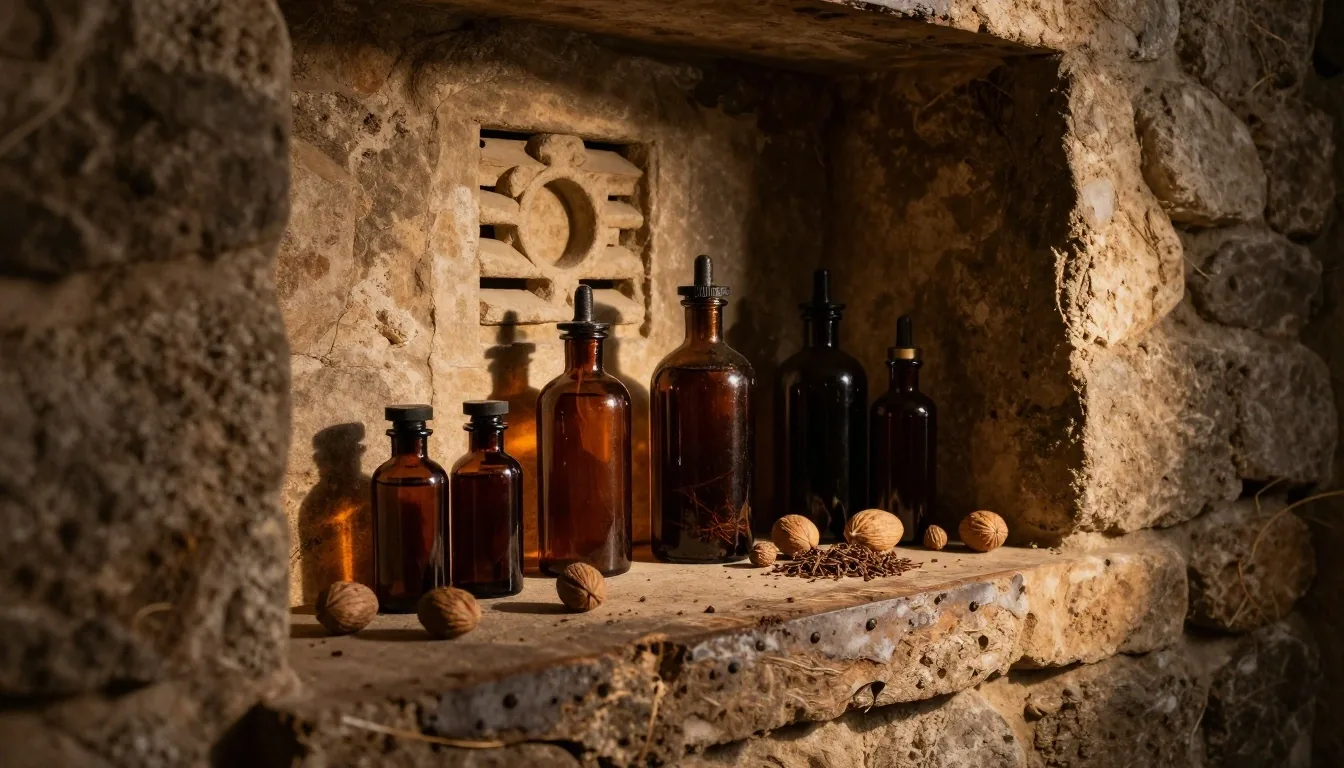 Dark apothecary shelf with natural supplement jars lit by warm beam