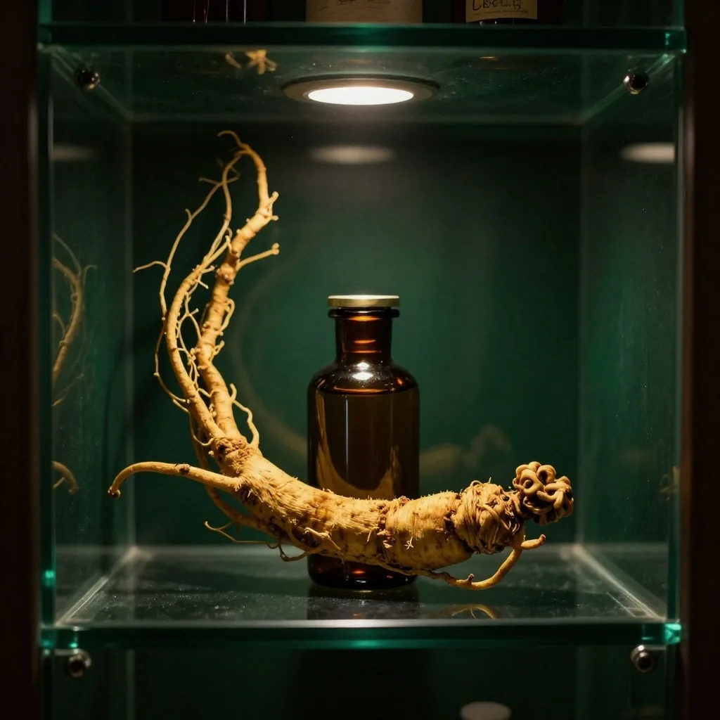 Ginseng energy formula bottle with ginseng root on dark shelf