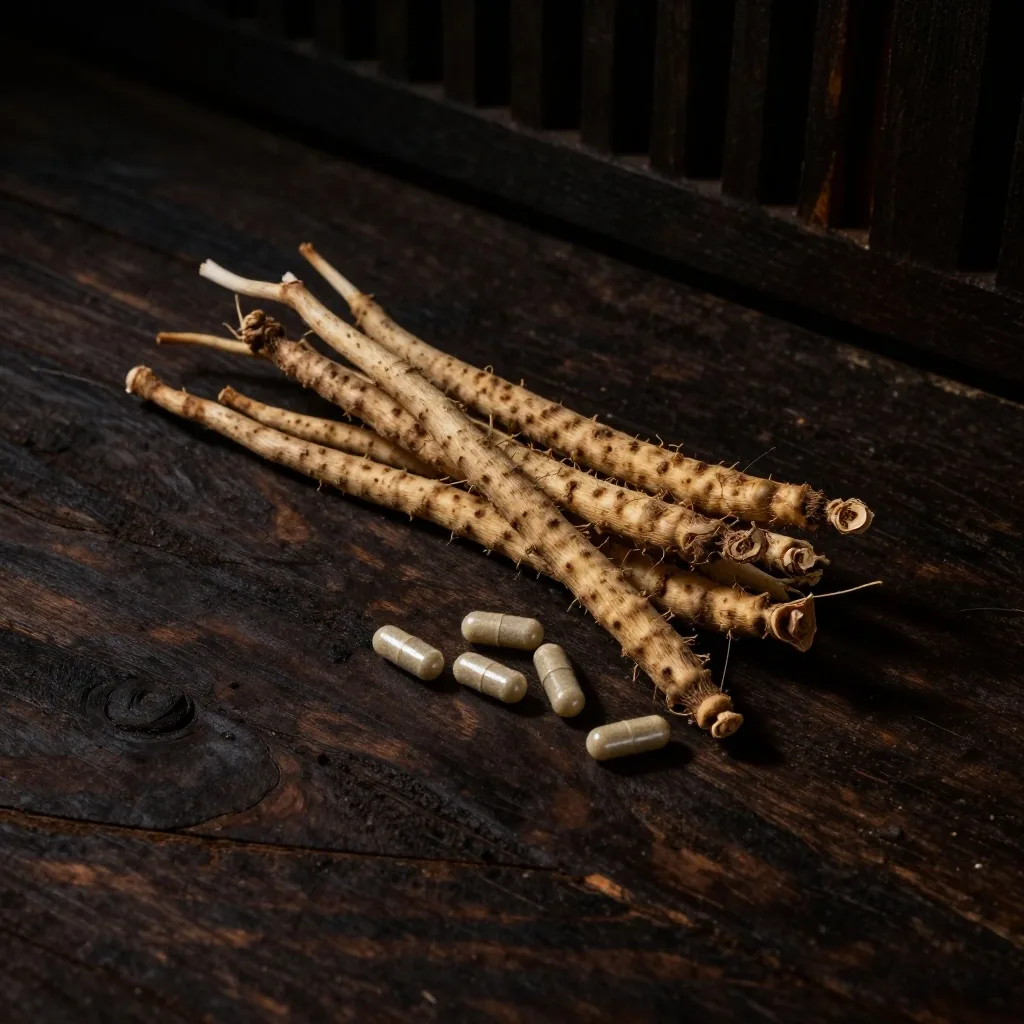 Maca root supplement bottle with dried root on dark shelf