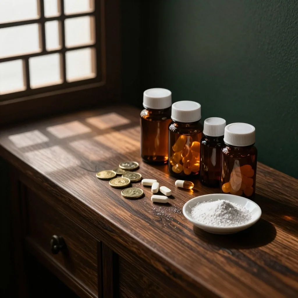 Men's daily multivitamin bottle on dark shelf