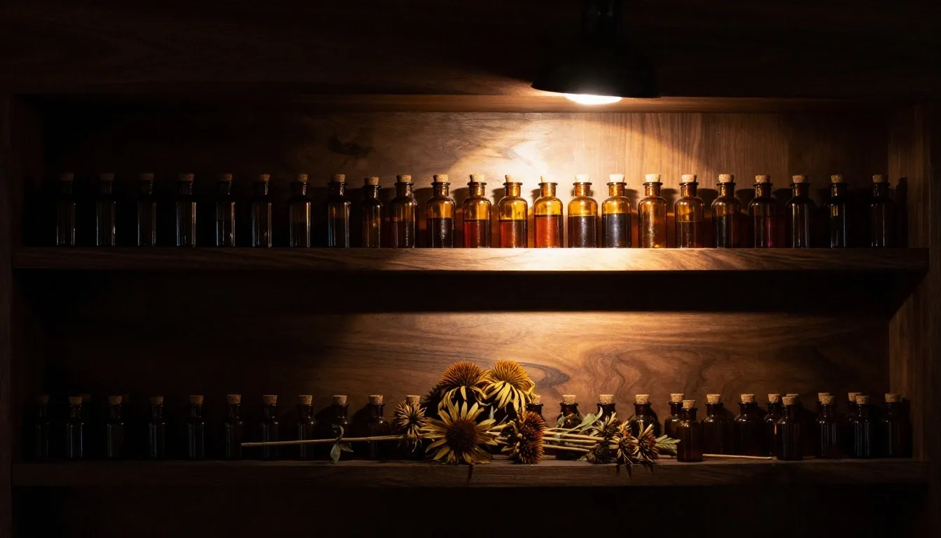 Dark botanical apothecary shelf with supplement jars lit by a warm beam