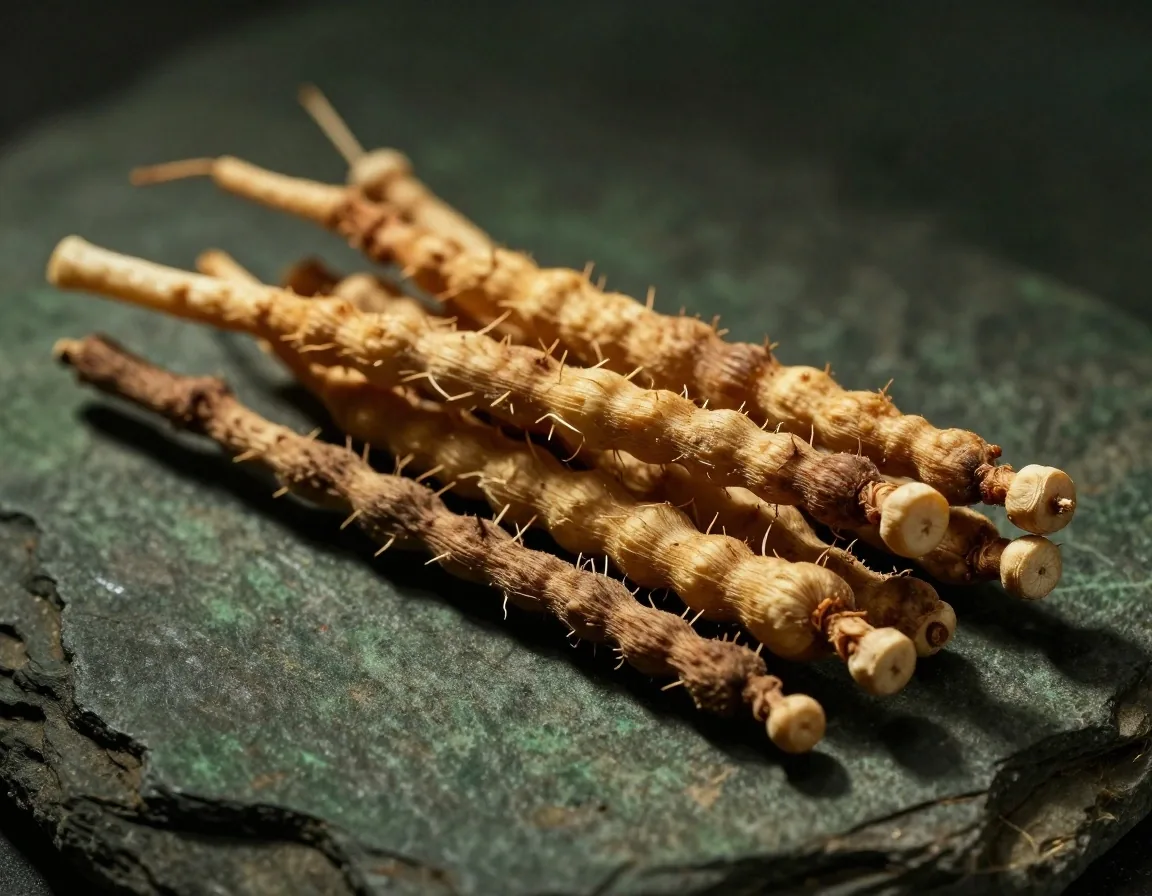 Dried botanical roots and seeds on a dark surface under warm lighting