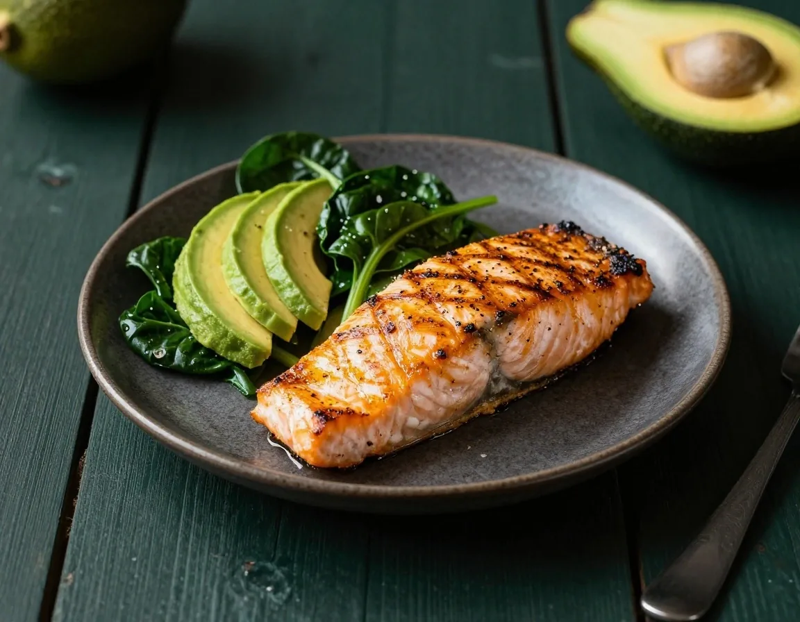 Healthy meal with fish, spinach, and avocado on dark ceramic dish