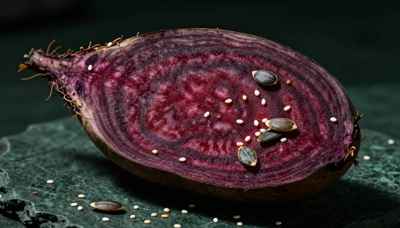 Mineral-rich botanical specimens on dark stone surface
